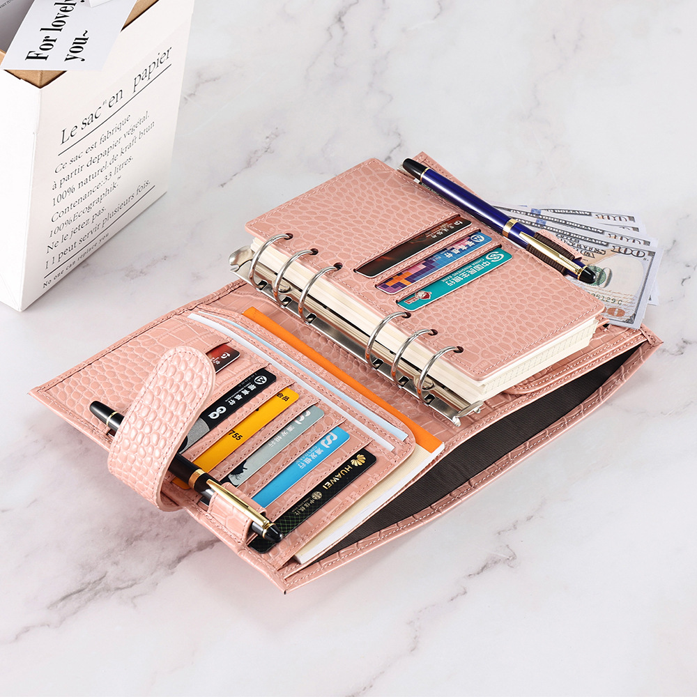 A6 Personal 財布式 6穴 バインダー 大容量収納 ワニ革柄 革カバー ノート