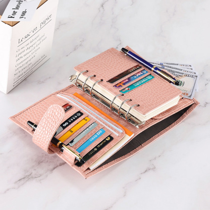 A6 Personal 財布式 6穴 バインダー 大容量収納 ワニ革柄 革カバー ノート