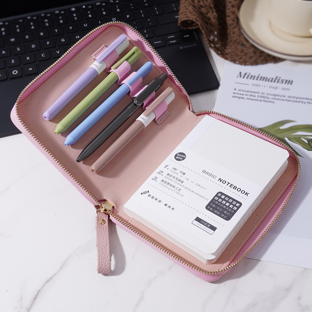 A6 ライチ革 ノート カバー 5本差し 多機能 ファスナー ペンケース