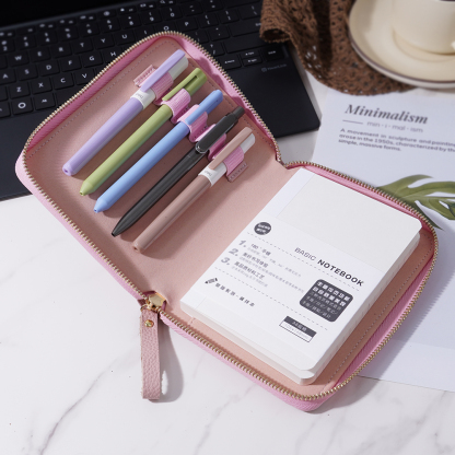 A6 ライチ革 ノート カバー 5本差し 多機能 ファスナー ペンケース