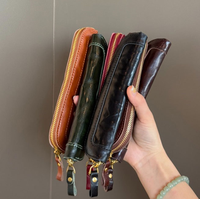 植物鞣し革 スリム ペンケース ファスナー 筆箱