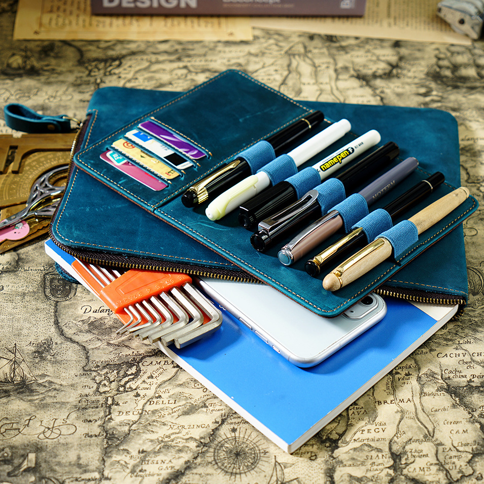 革 ペンケース 7本入れ 高級万年筆対応 筆/カード収納パッドとファスナーバッグ