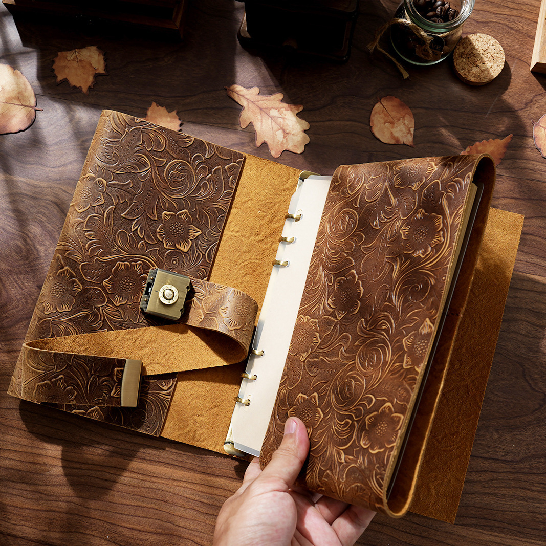 A7 6穴 バインダー 三つ折り 革カバー ノート パスワードロック付き