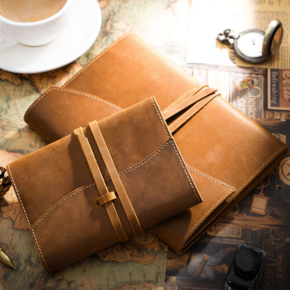 A5 革 三つ折り ノート カバー カードホルダー付き バンド閉め