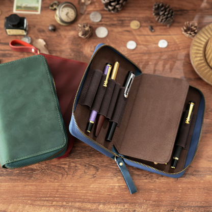 革 ペンケース 10本入れ 高級万年筆対応 ファスナー筆箱