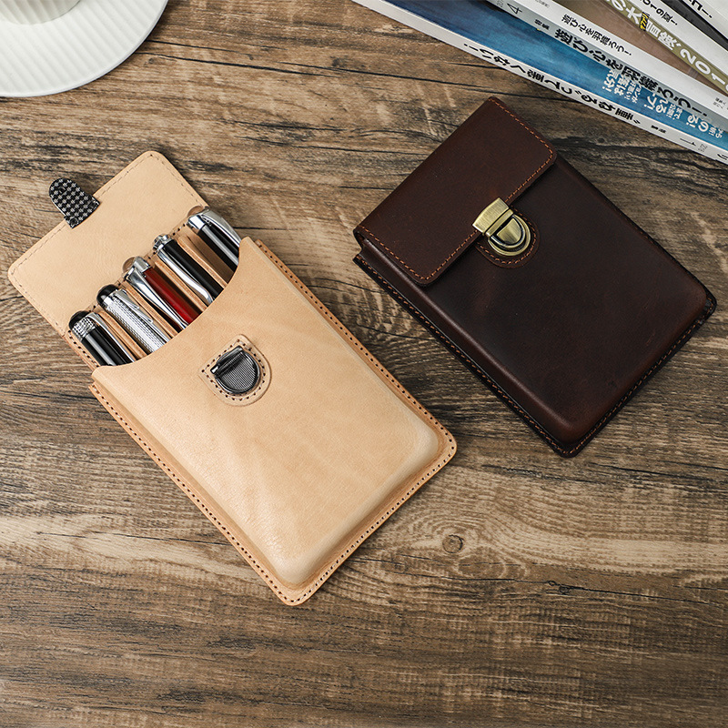 革 ペンケース 5本入れ 硬い筆箱 万年筆収納 スナップ閉め