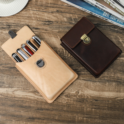 革 ペンケース 5本入れ 硬い筆箱 万年筆収納 スナップ閉め