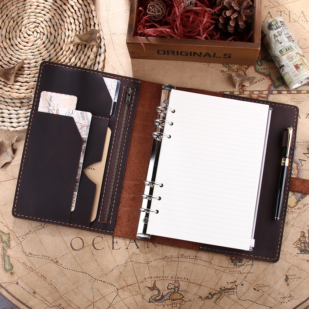 A5 6穴 バインダー 大容量収納 革カバー ノート ファスナーポケット