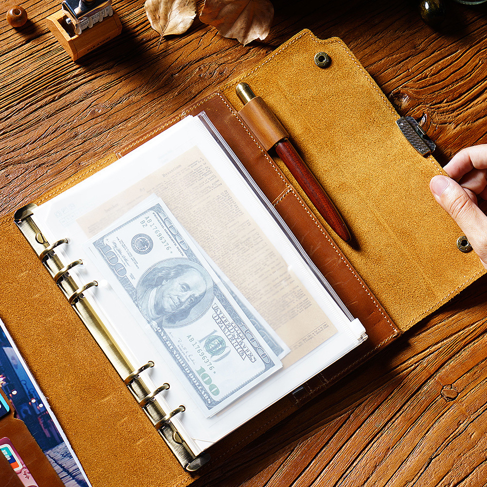 A5 三つ折り 革 ノート カバー 大容量収納 鍵付きノート ルーズリーフ バインダー