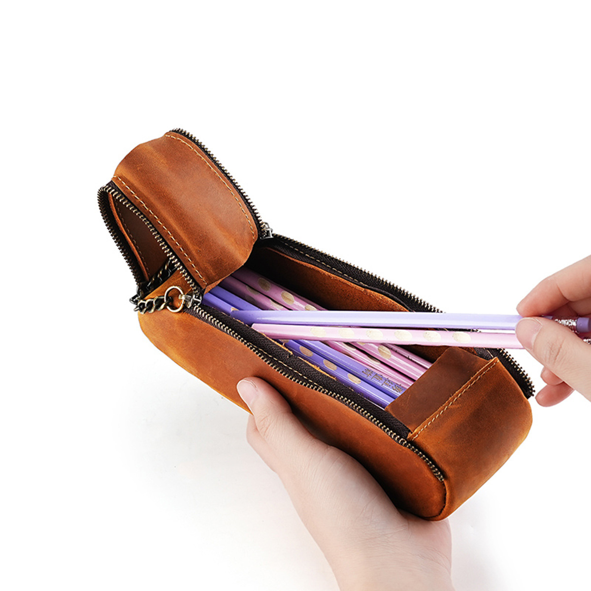 大容量 ファスナー 革 ペンケース 多機能 ペン立て付き チェンハンドル