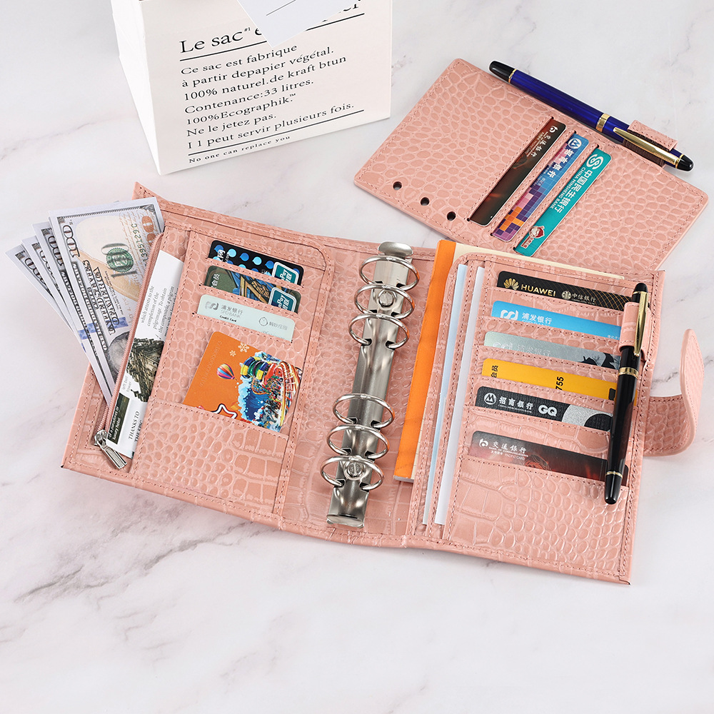 A6 Personal 財布式 6穴 バインダー 大容量収納 ワニ革柄 革カバー ノート