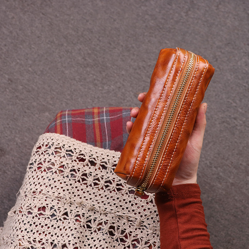 植物鞣し革 大容量 ファスナー ペンケース 