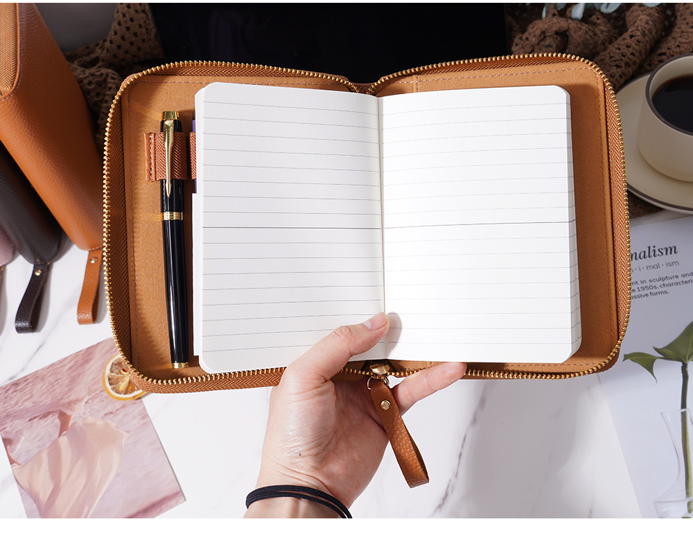 A6 ライチ革 ノート カバー 5本差し 多機能 ファスナー ペンケース