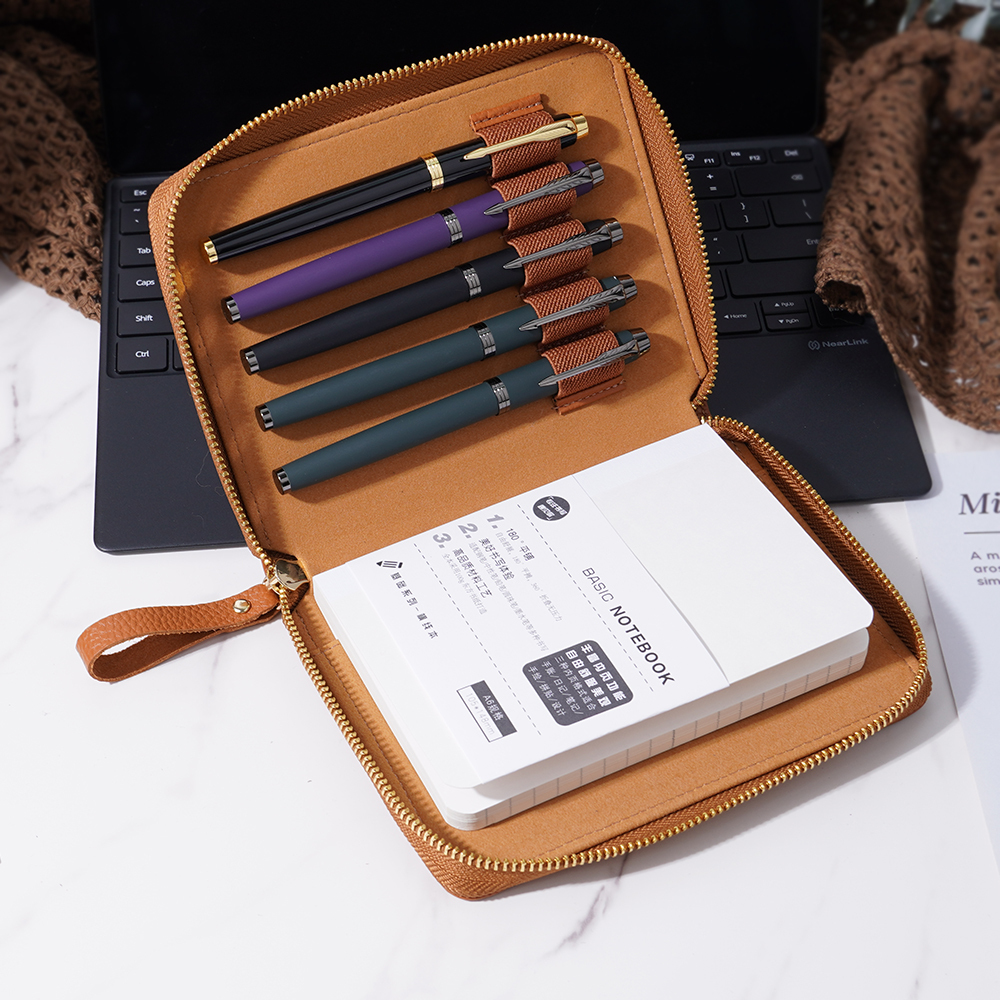 A6 ライチ革 ノート カバー 5本差し 多機能 ファスナー ペンケース