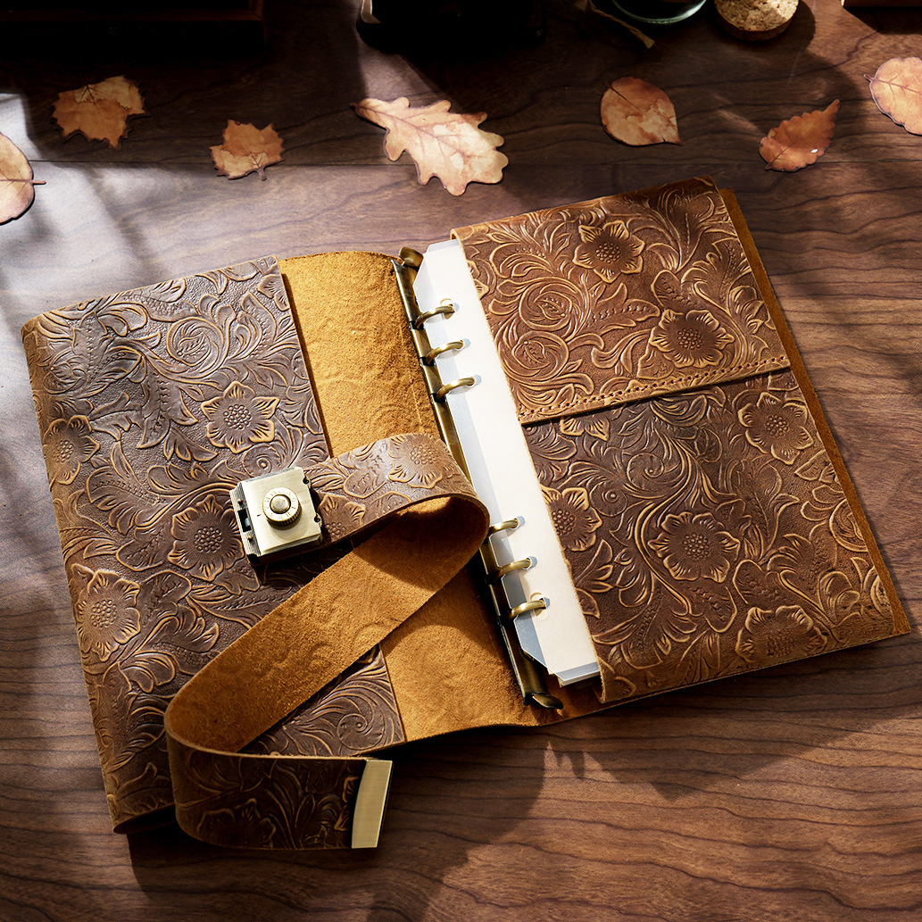 A5 6穴 バインダー 三つ折り 革カバー ノート パスワードロック付き