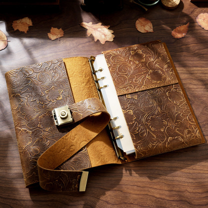 A5 6穴 バインダー 三つ折り 革カバー ノート パスワードロック付き