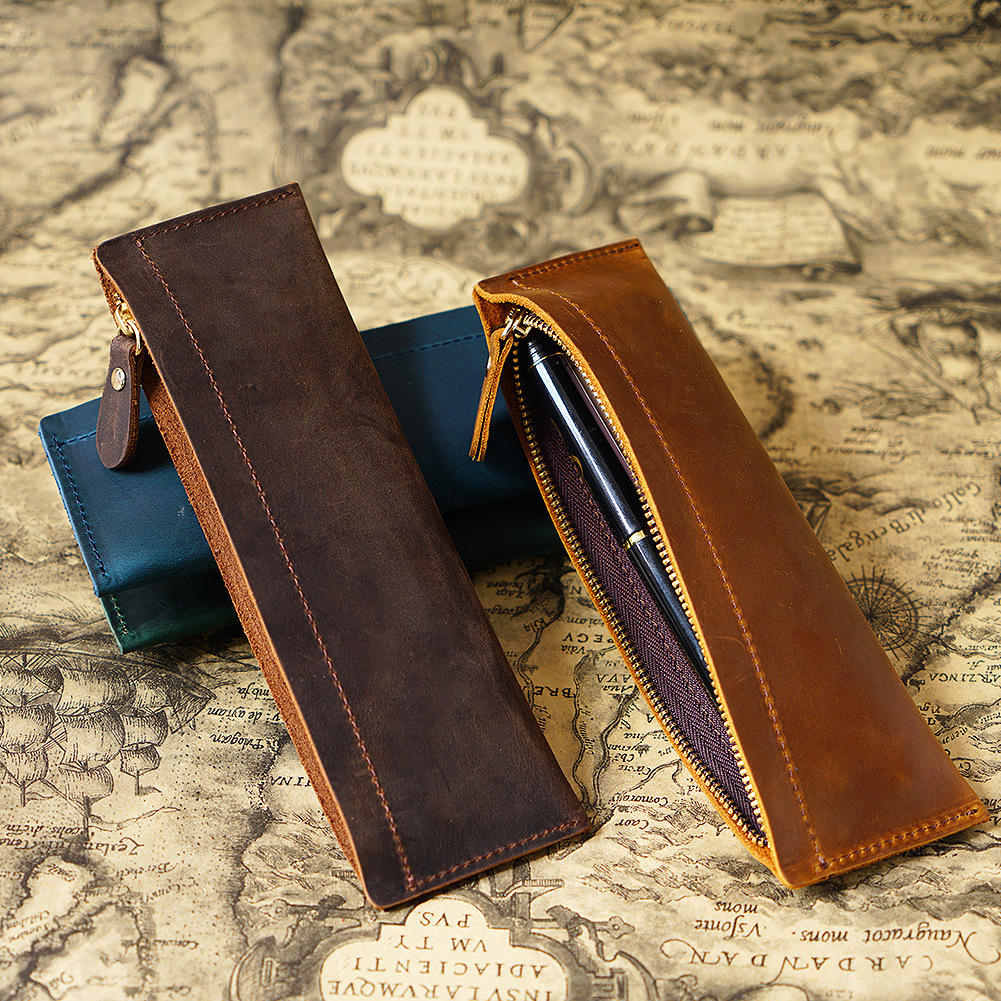 小さくてスリム 革 ペンケース ファスナー筆箱