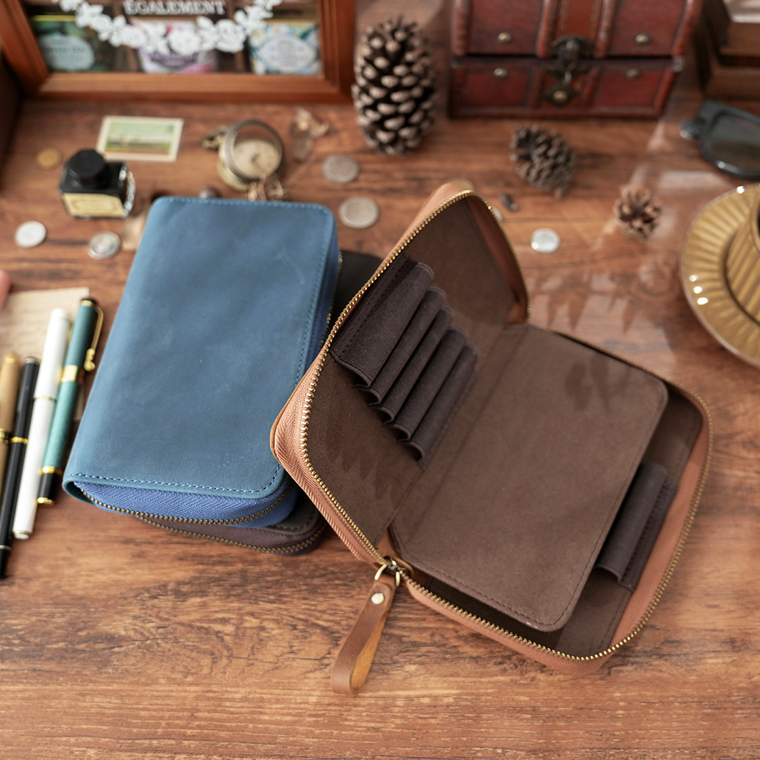 革 ペンケース 10本入れ 高級万年筆対応 ファスナー筆箱