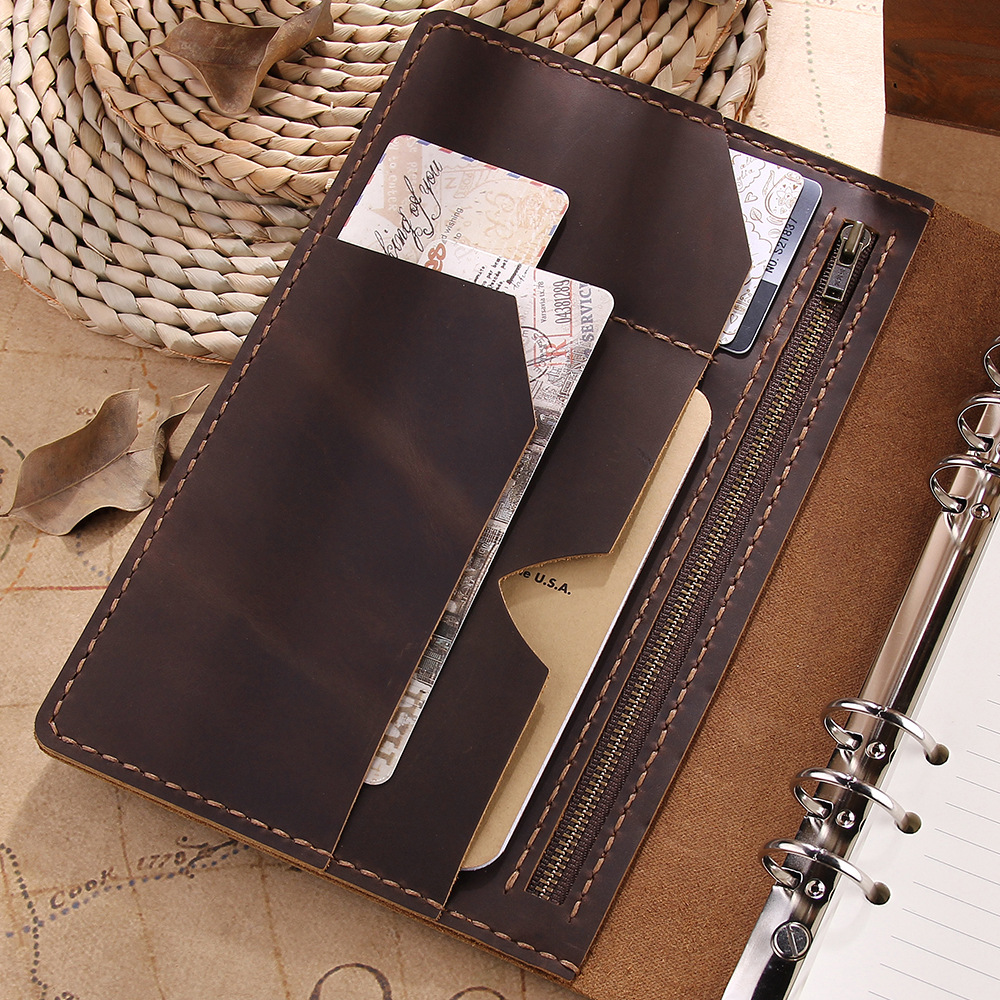 A5 6穴 バインダー 大容量収納 革カバー ノート ファスナーポケット