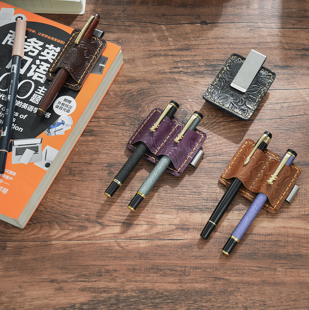 2本差し 唐草模様 革 手帳 ペンホルダー