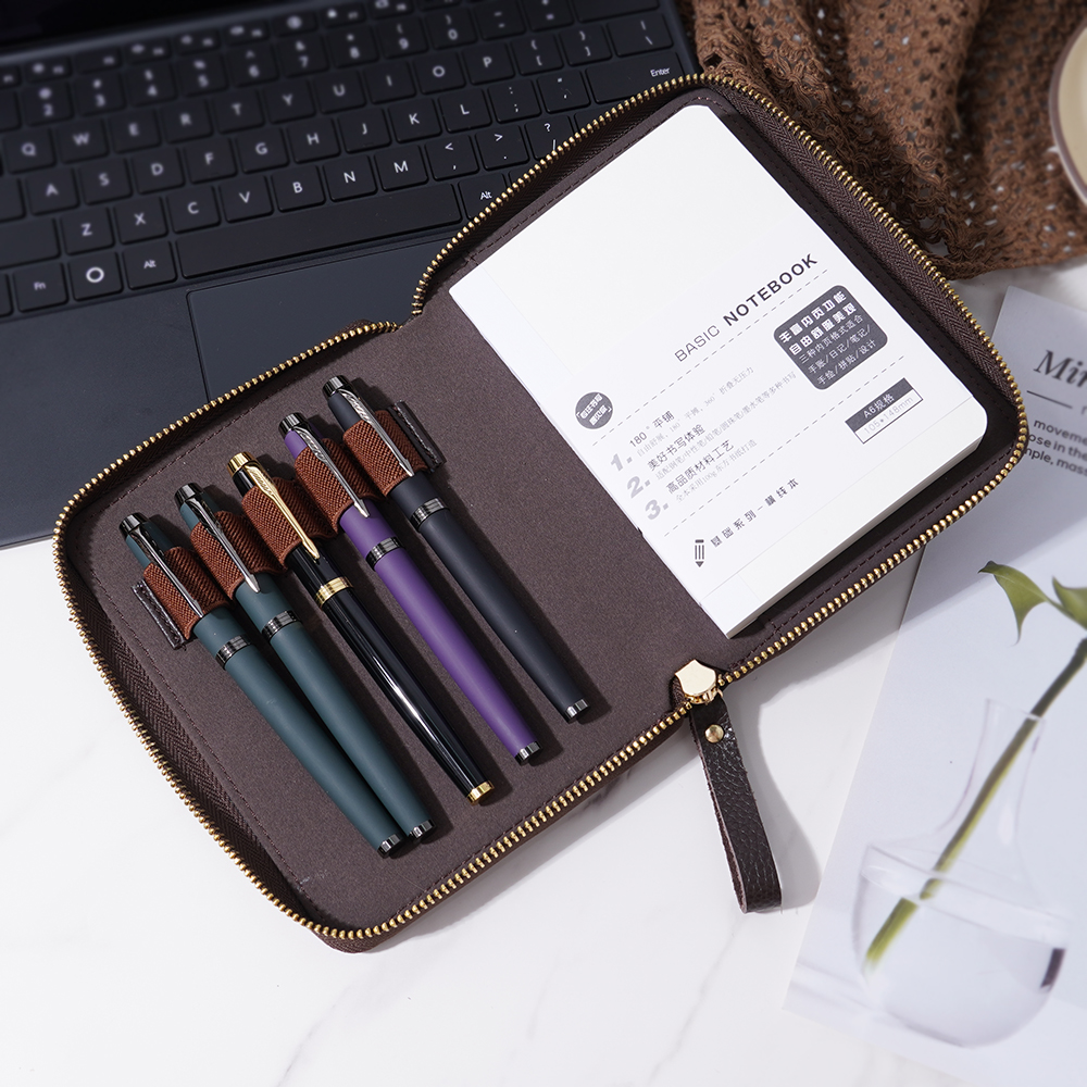 A6 ライチ革 ノート カバー 5本差し 多機能 ファスナー ペンケース