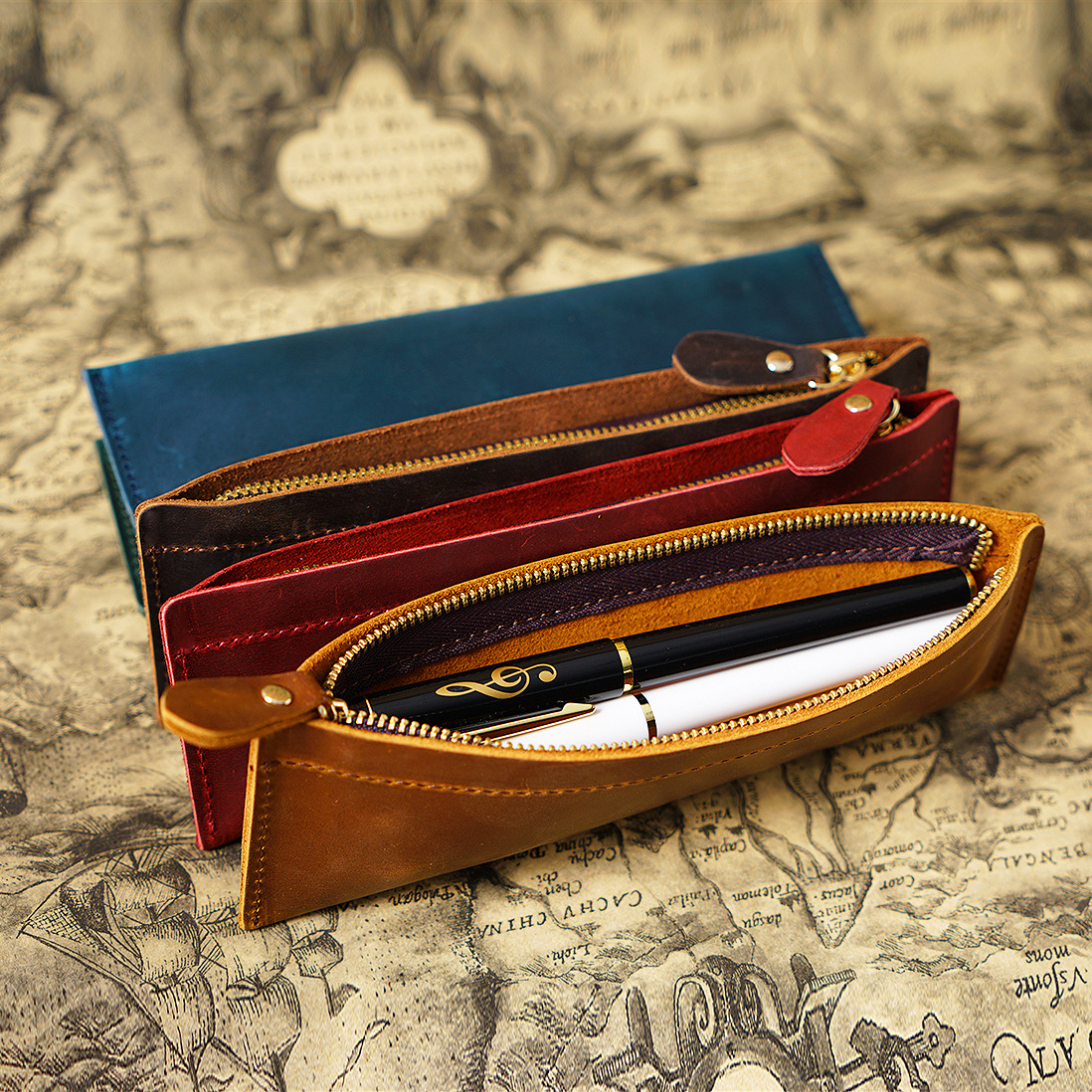 小さくてスリム 革 ペンケース ファスナー筆箱