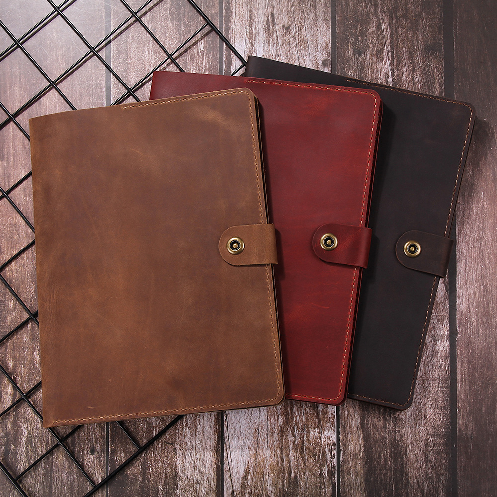A4 革 ノート カバー 大容量収納 二つ折り フォルダ ボタン閉め