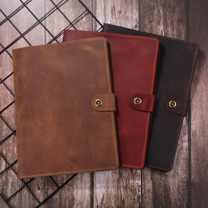 A4 革 ノート カバー 大容量収納 二つ折り フォルダ ボタン閉め