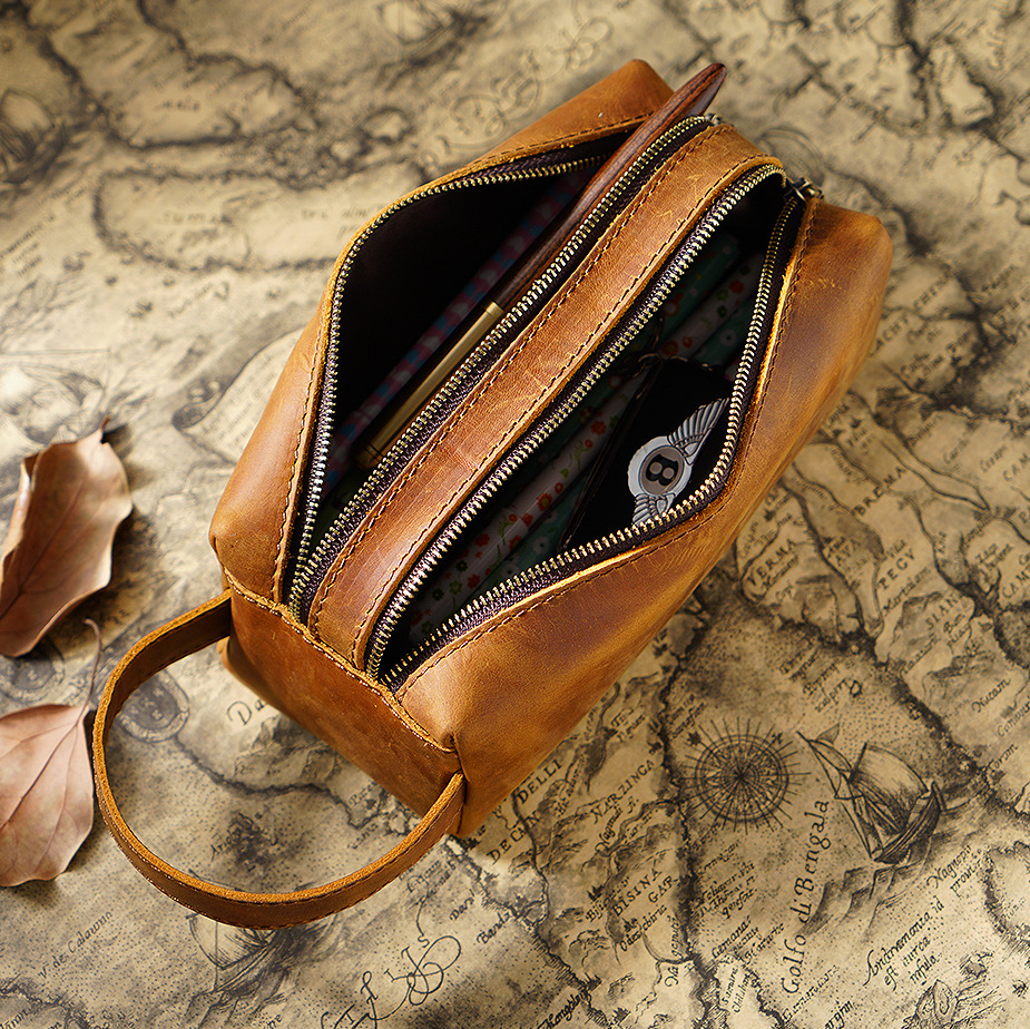 革 ペンケース ダブル ファスナー 大容量 筆箱