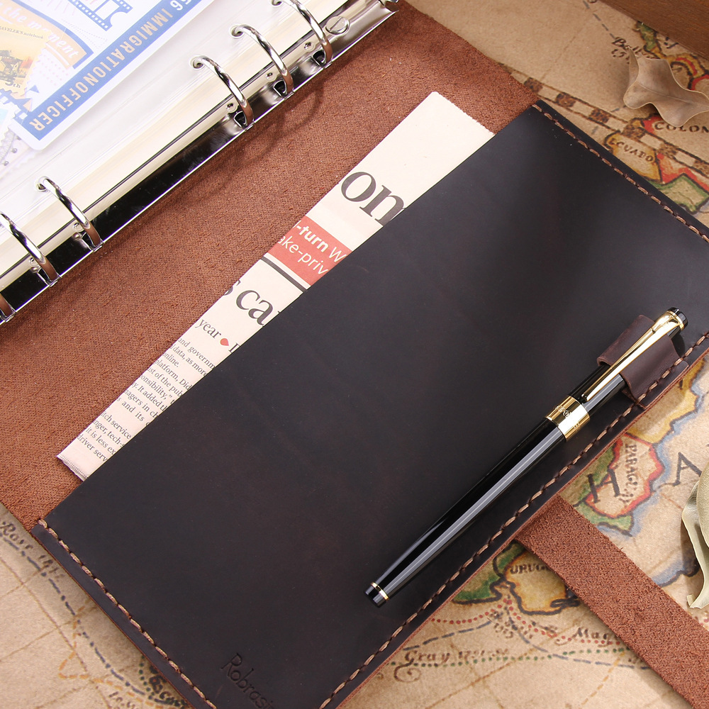 A5 6穴 バインダー 大容量収納 革カバー ノート ファスナーポケット