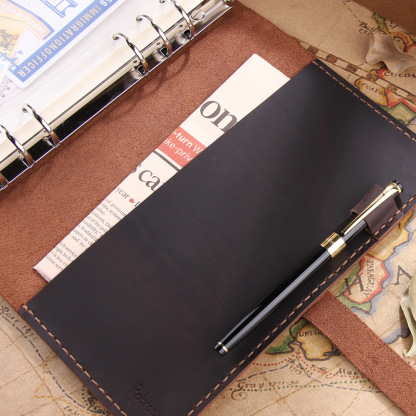 A5 6穴 バインダー 大容量収納 革カバー ノート ファスナーポケット