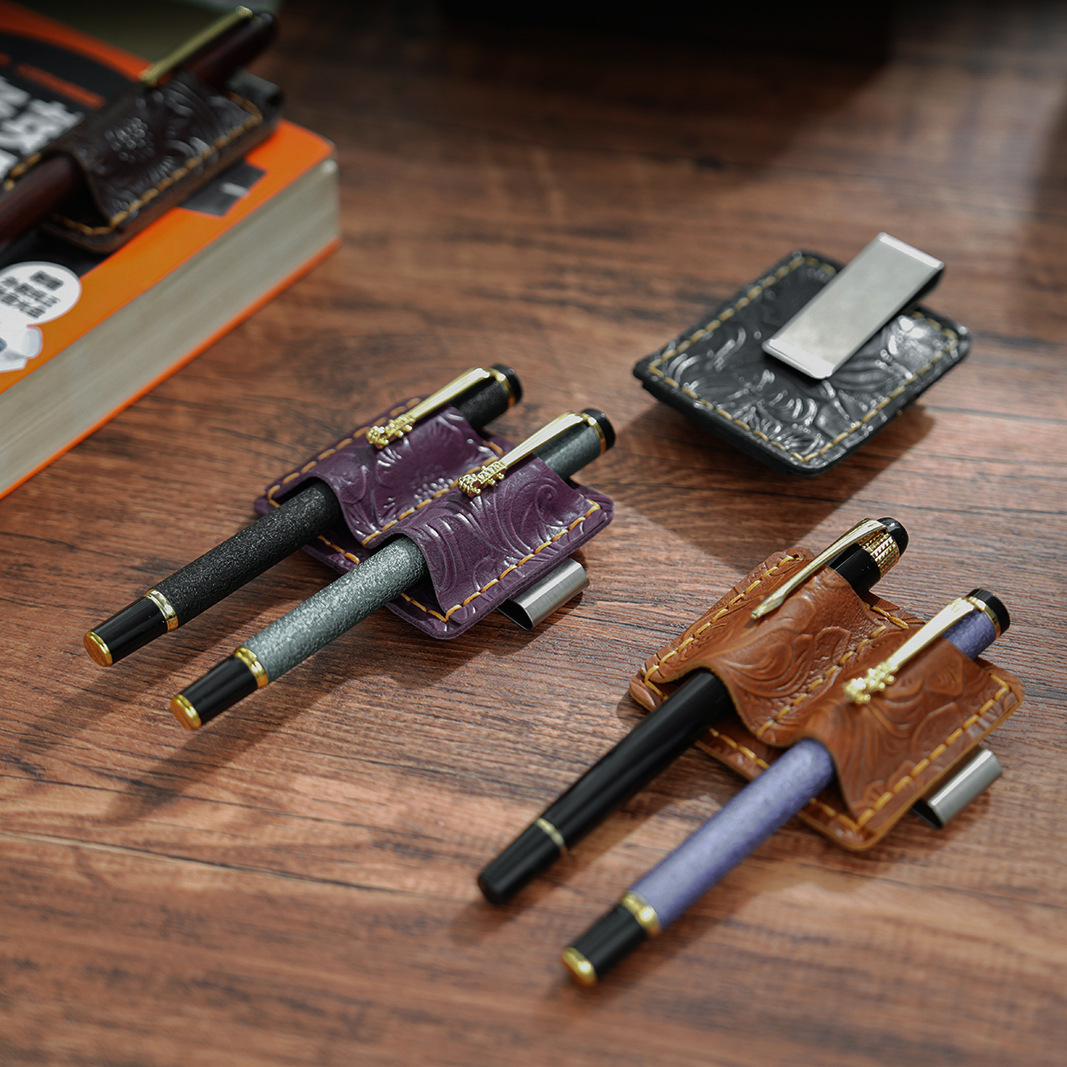 2本差し 唐草模様 革 手帳 ペンホルダー