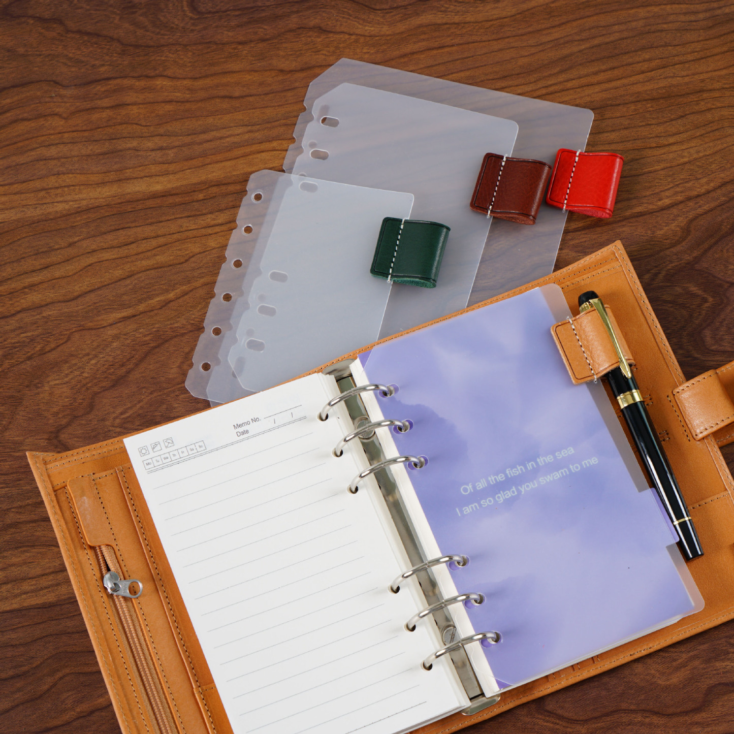 A7 6穴 バインダー用 インデックス 革 ペンホルダー付き