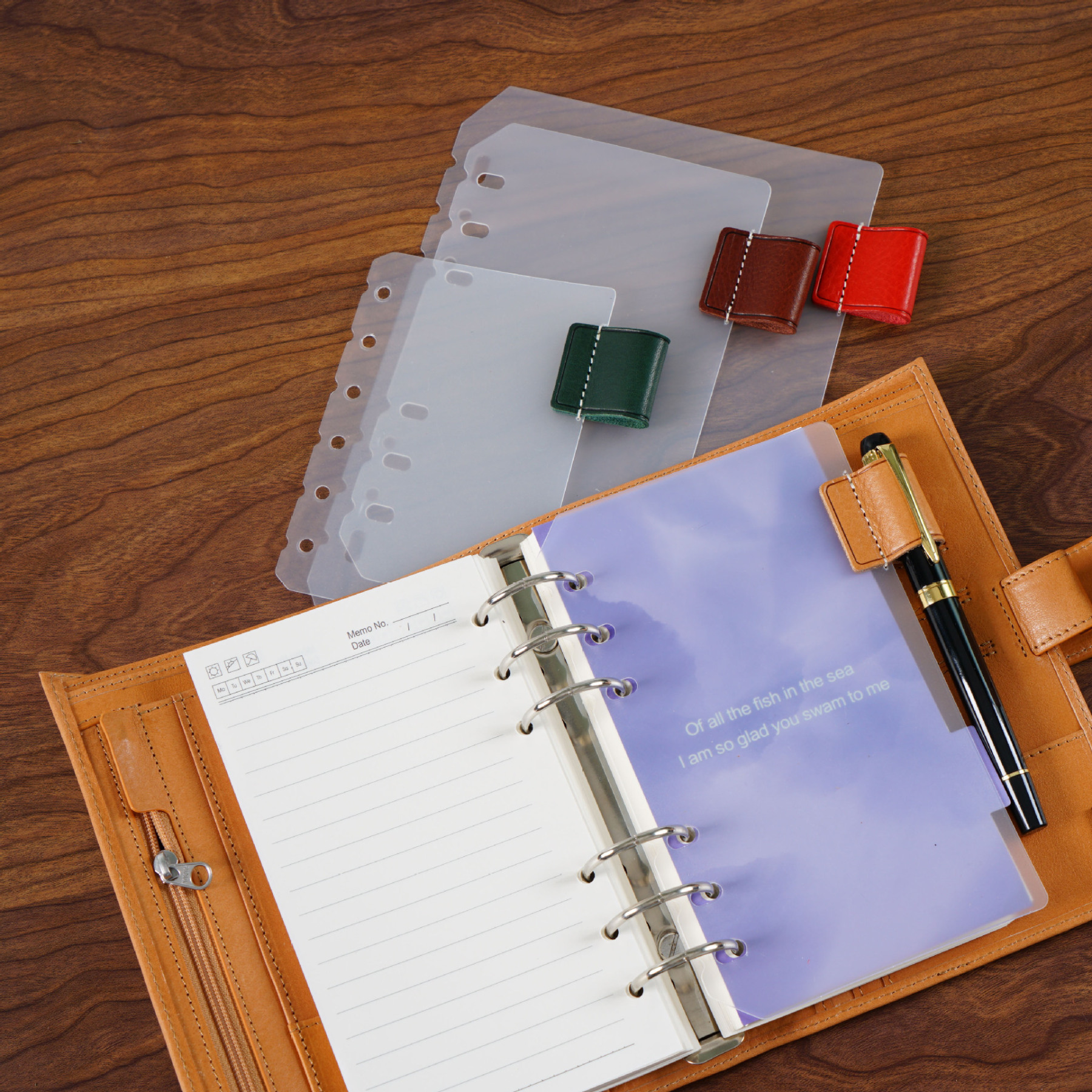 A7 6穴 バインダー用 インデックス 革 ペンホルダー付き