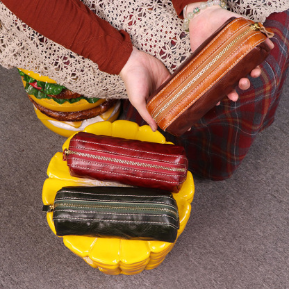 植物鞣し革 大容量 ファスナー ペンケース 