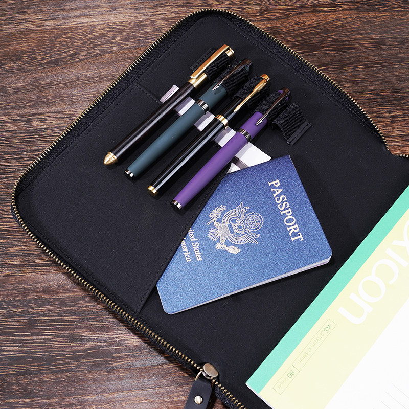 A5 革 ノート カバー 5本差し 多機能 ファスナー ペンケース