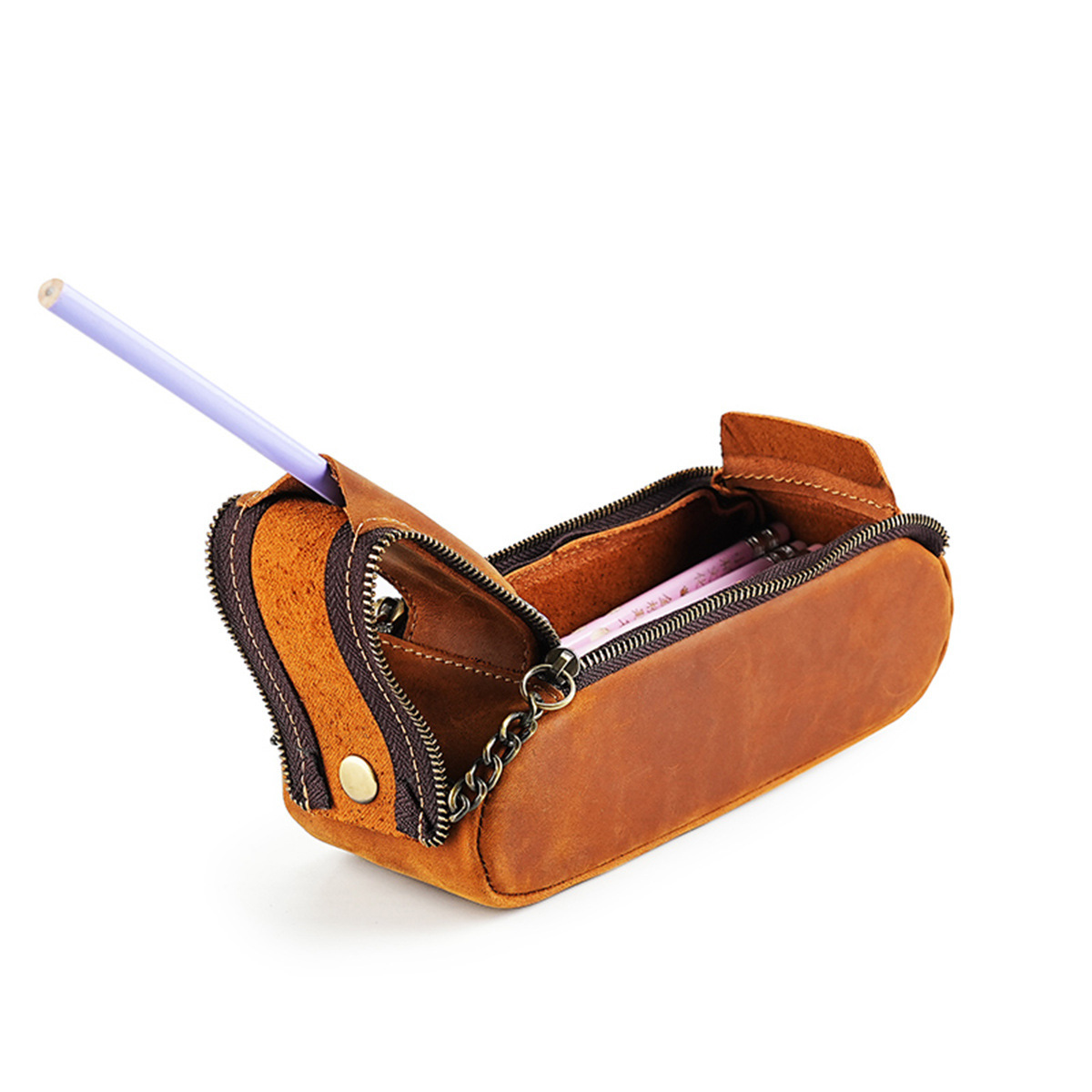 大容量 ファスナー 革 ペンケース 多機能 ペン立て付き チェンハンドル