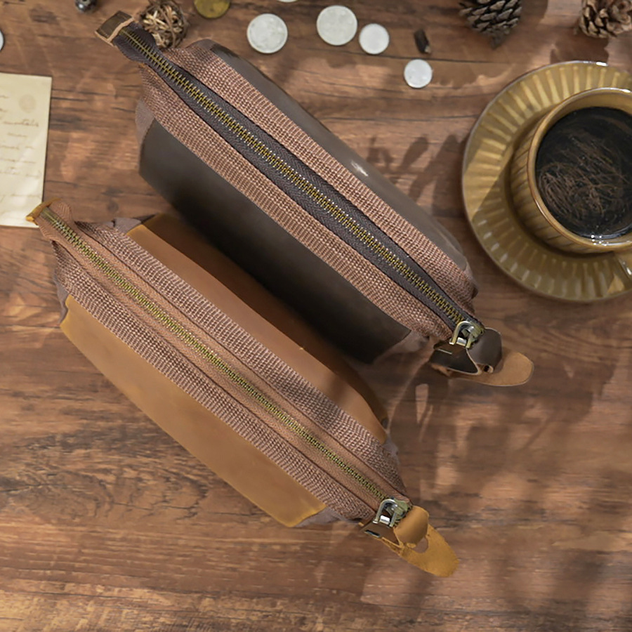 大容量 革 三角ペンケース ファスナー筆箱