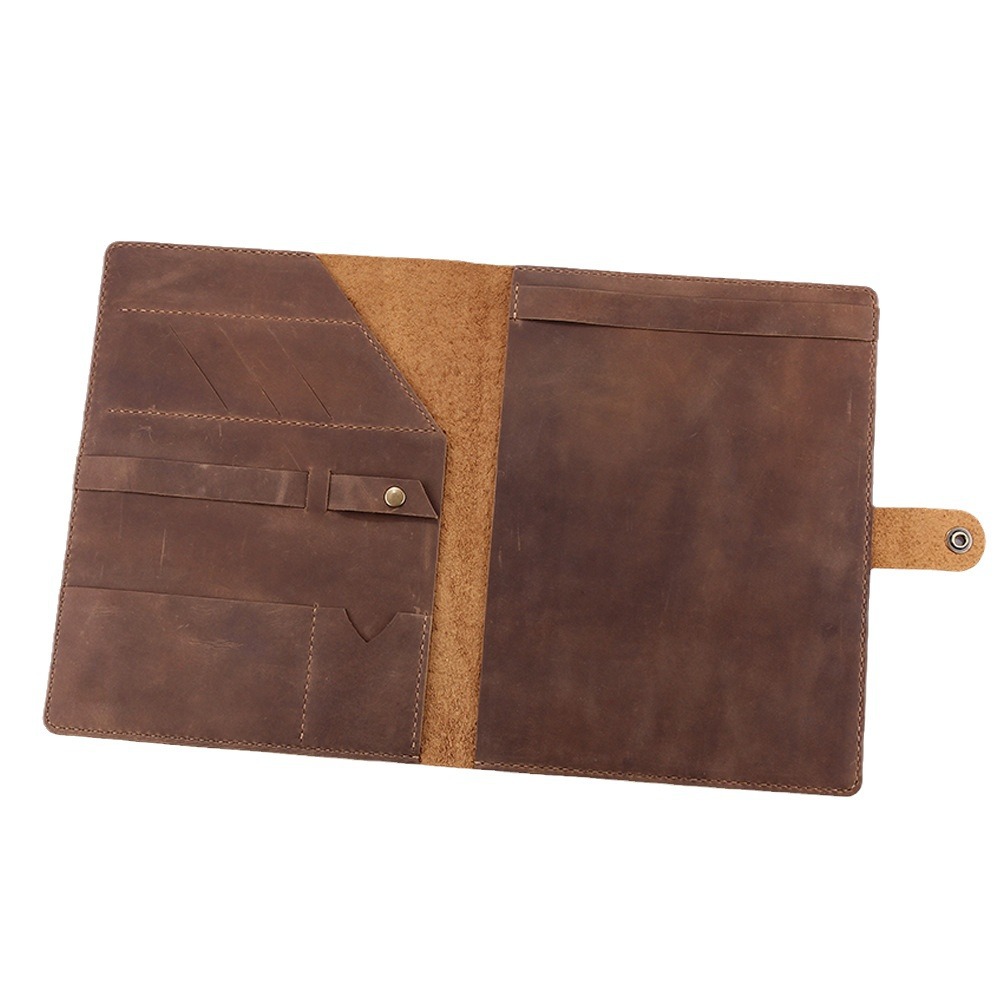 A4 革 ノート カバー 大容量収納 二つ折り フォルダ ボタン閉め