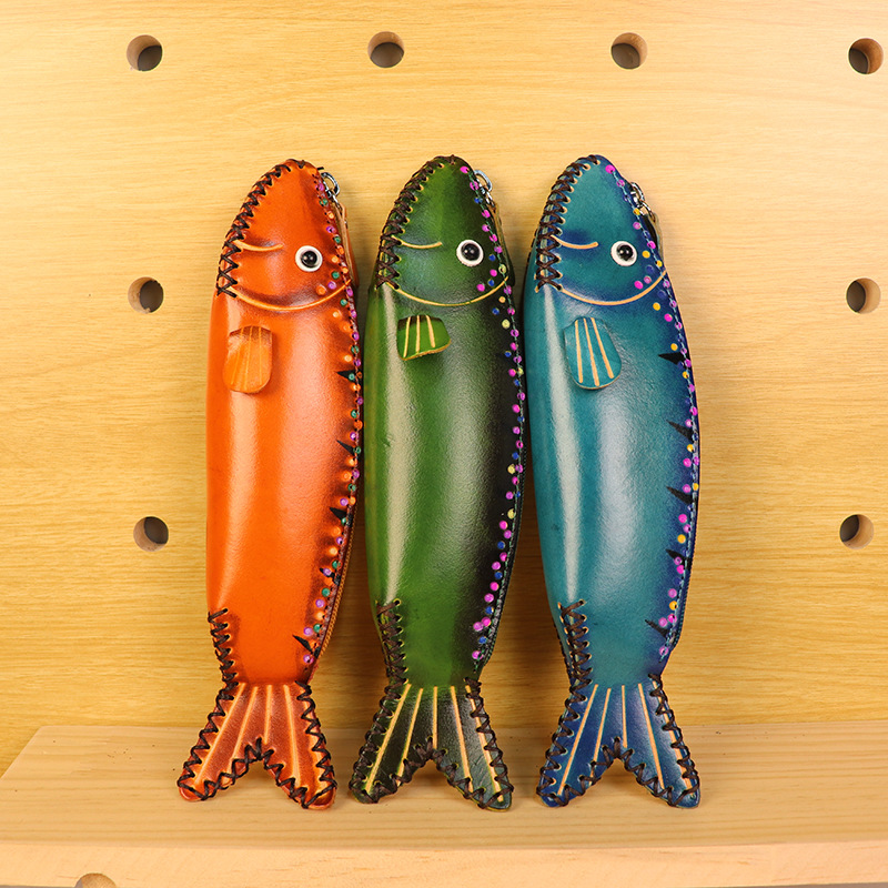 植物鞣し革 ペンケース 面白い 魚 ファスナー筆箱