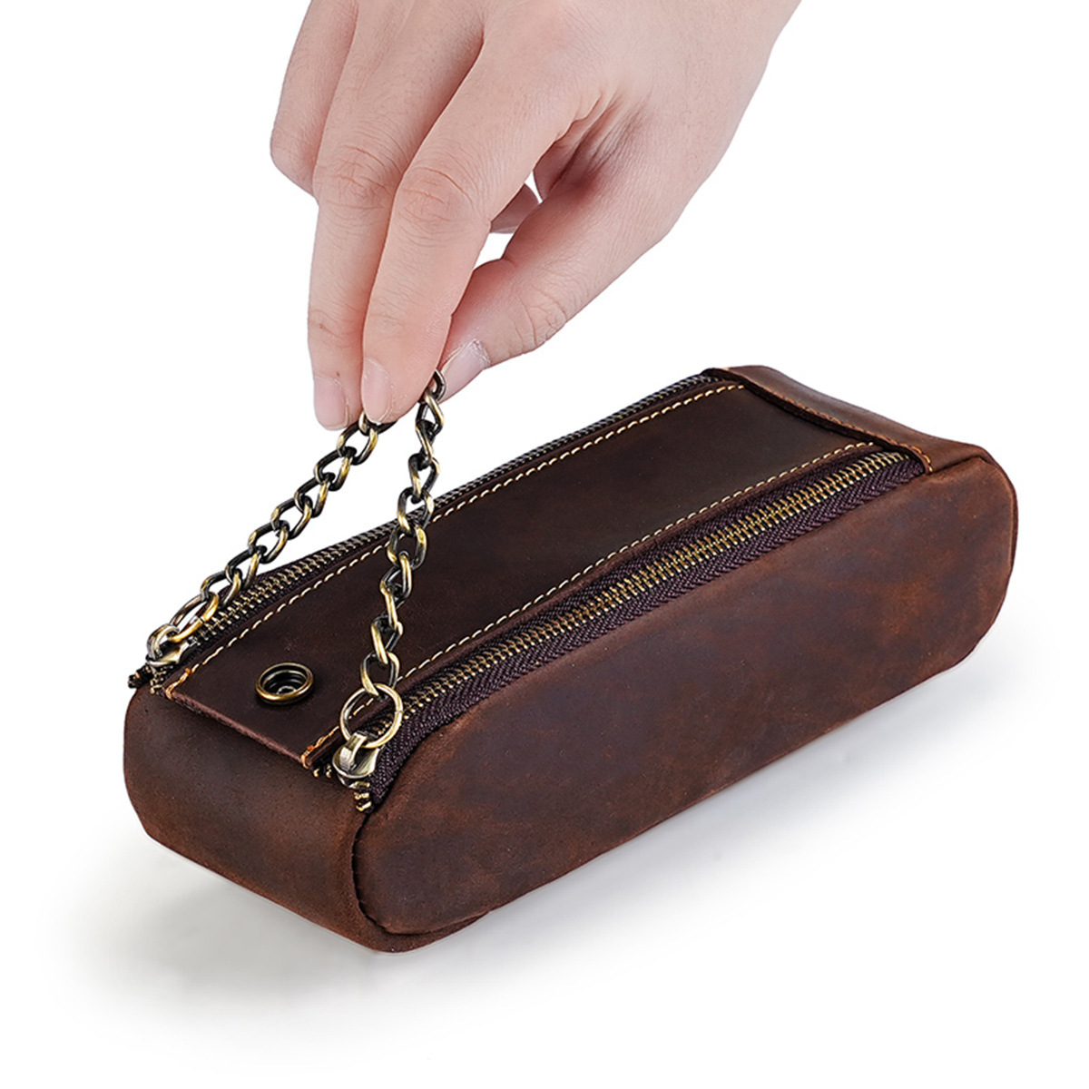 大容量 ファスナー 革 ペンケース 多機能 ペン立て付き チェンハンドル