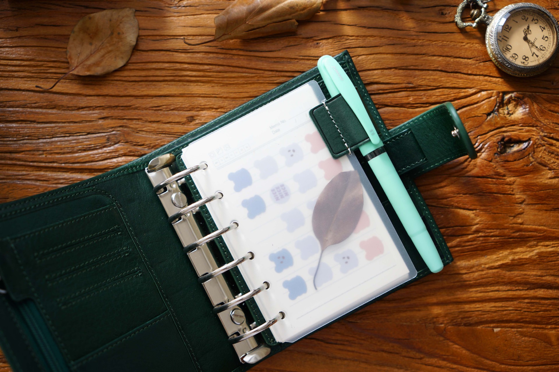 A7 6穴 バインダー用 インデックス 革 ペンホルダー付き