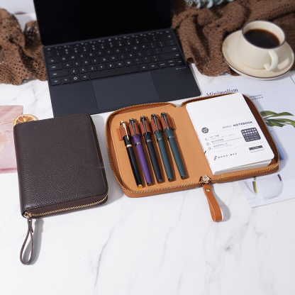 A6 ライチ革 ノート カバー 5本差し 多機能 ファスナー ペンケース