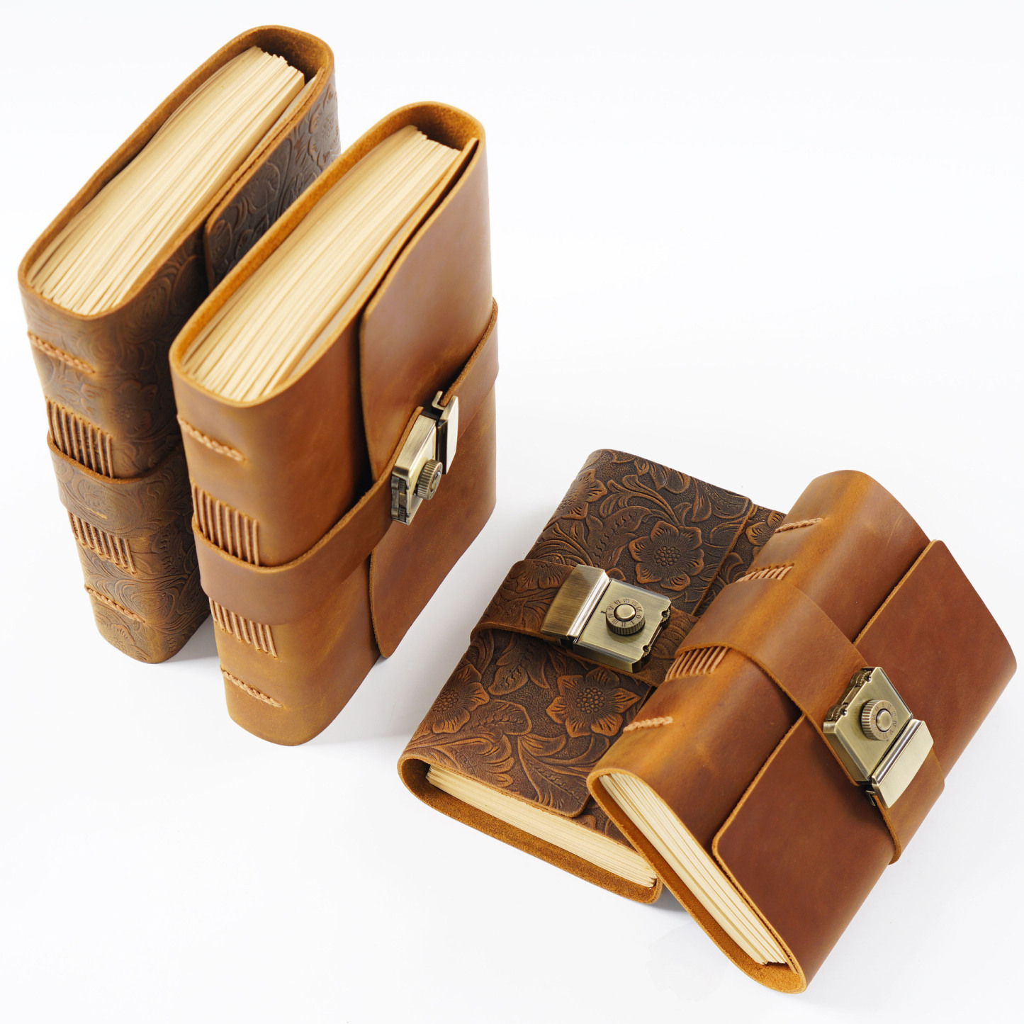 A7 革カバー ノート 手縫い システム手帳 花柄カバー 鍵付きノート