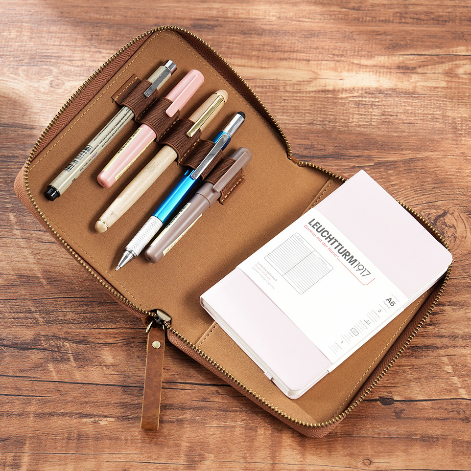 A6 革 ノート カバー 5本差し 多機能 ファスナー ペンケース