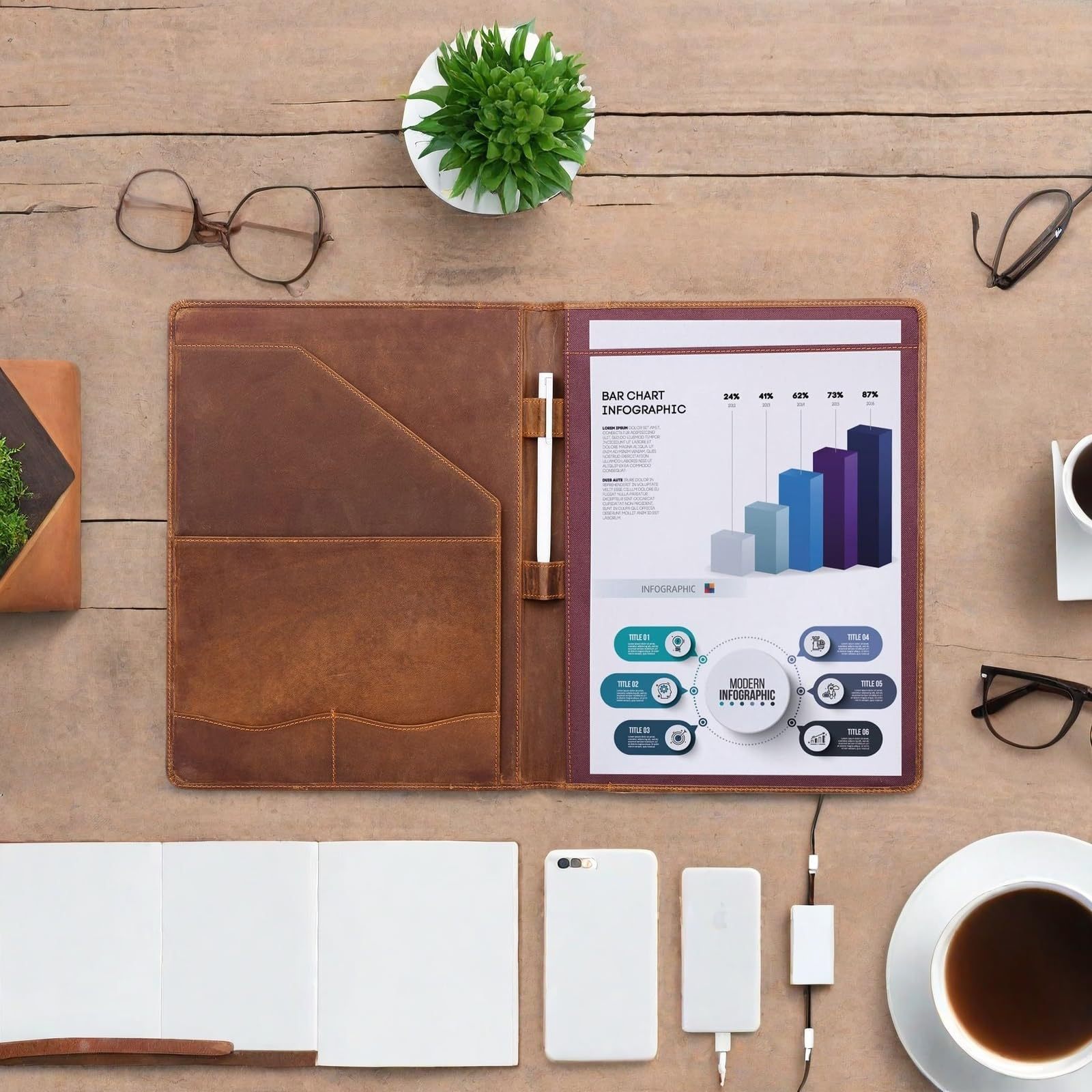 A4 革 ノート カバー 大容量収納 フォルダ ペンホルダー カードホルダー付き