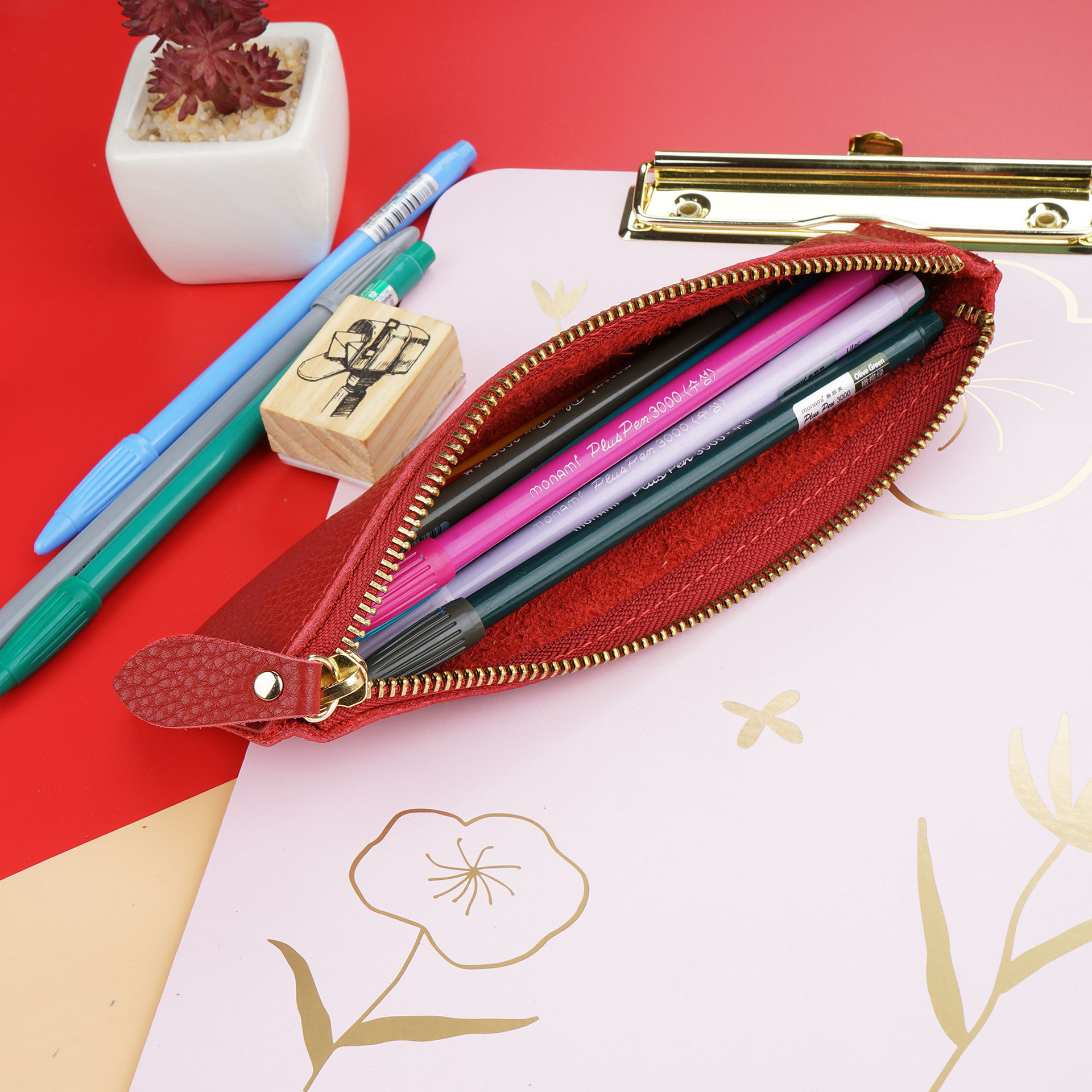 可愛い 薄い 革 ペンケース ファスナー筆箱