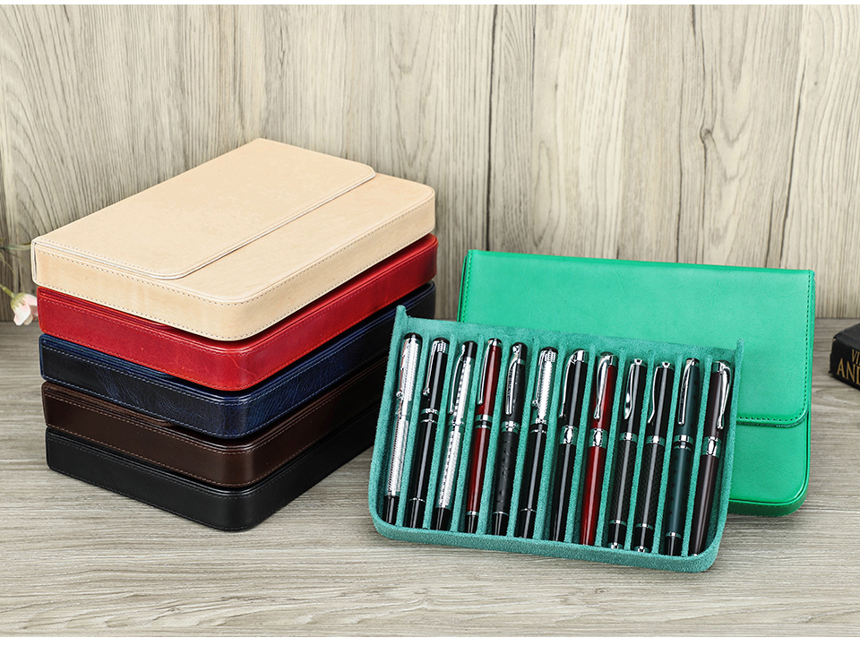 革 ペンケース 12本入れ 硬い筆箱 万年筆ケース