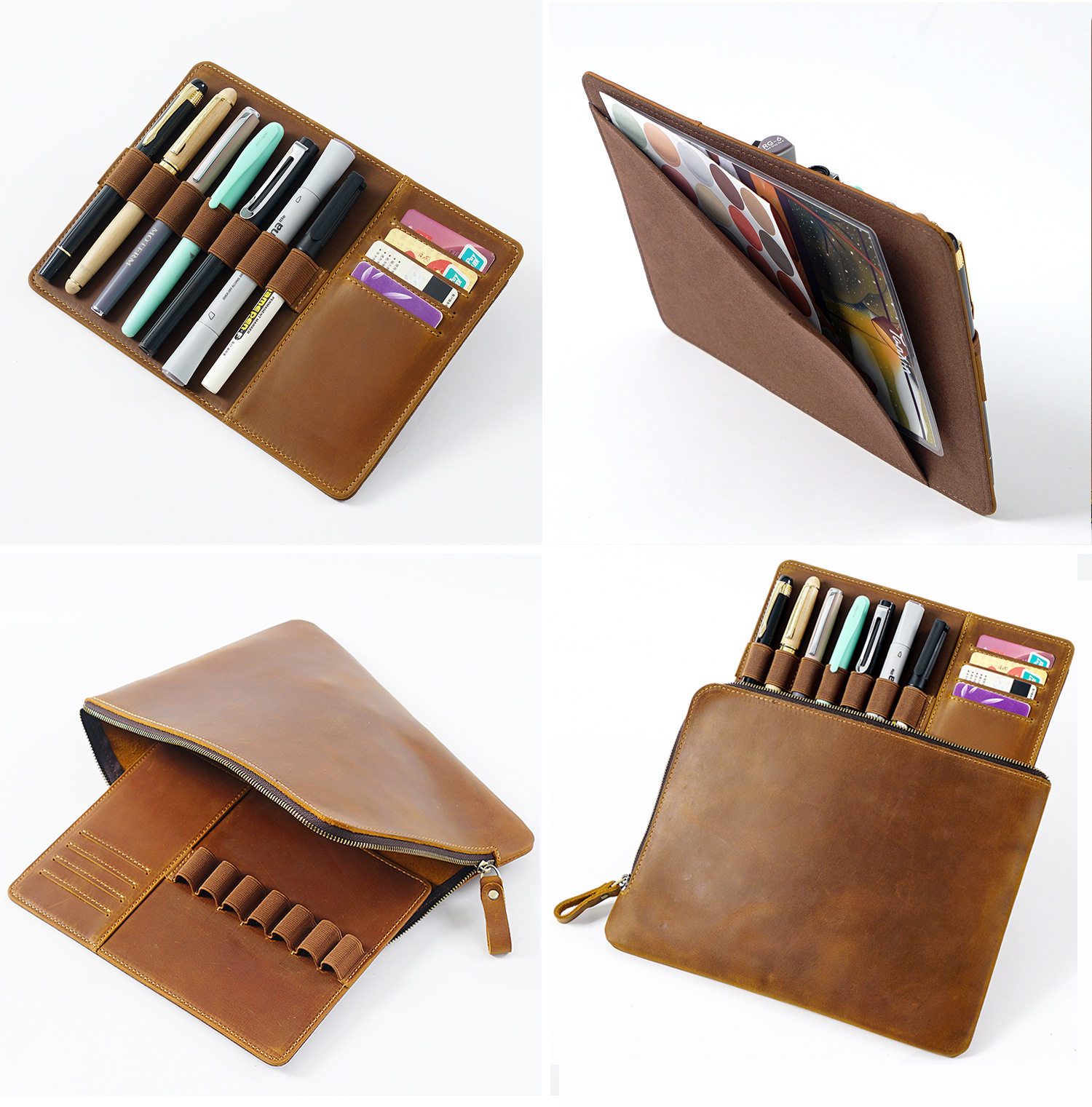 革 ペンケース 7本入れ 高級万年筆対応 筆/カード収納パッドとファスナーバッグ