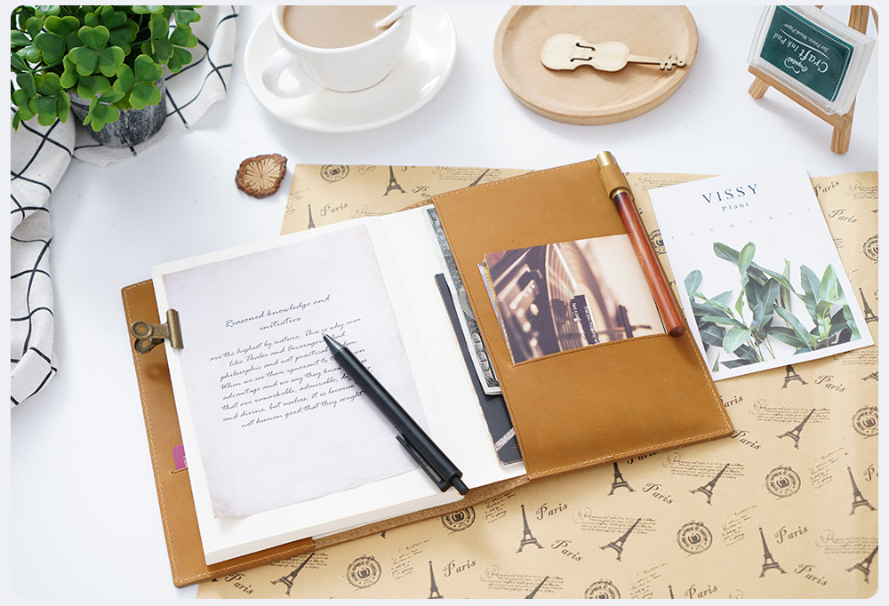 A6 革 ノート カバー ペンホルダー カードホルダー付き